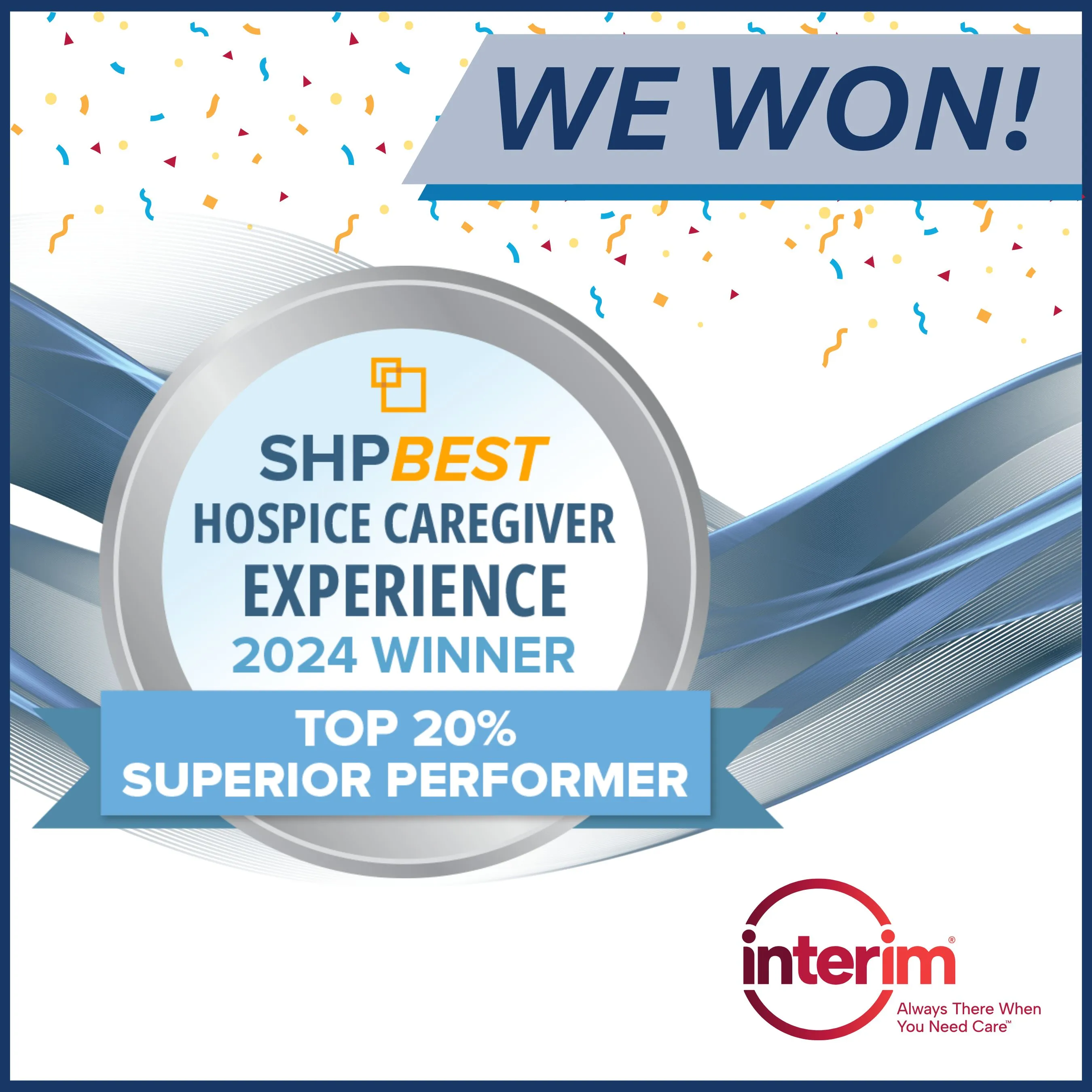Graphic with confetti, featuring the SHPBest Hospice Caregiver Experience seal