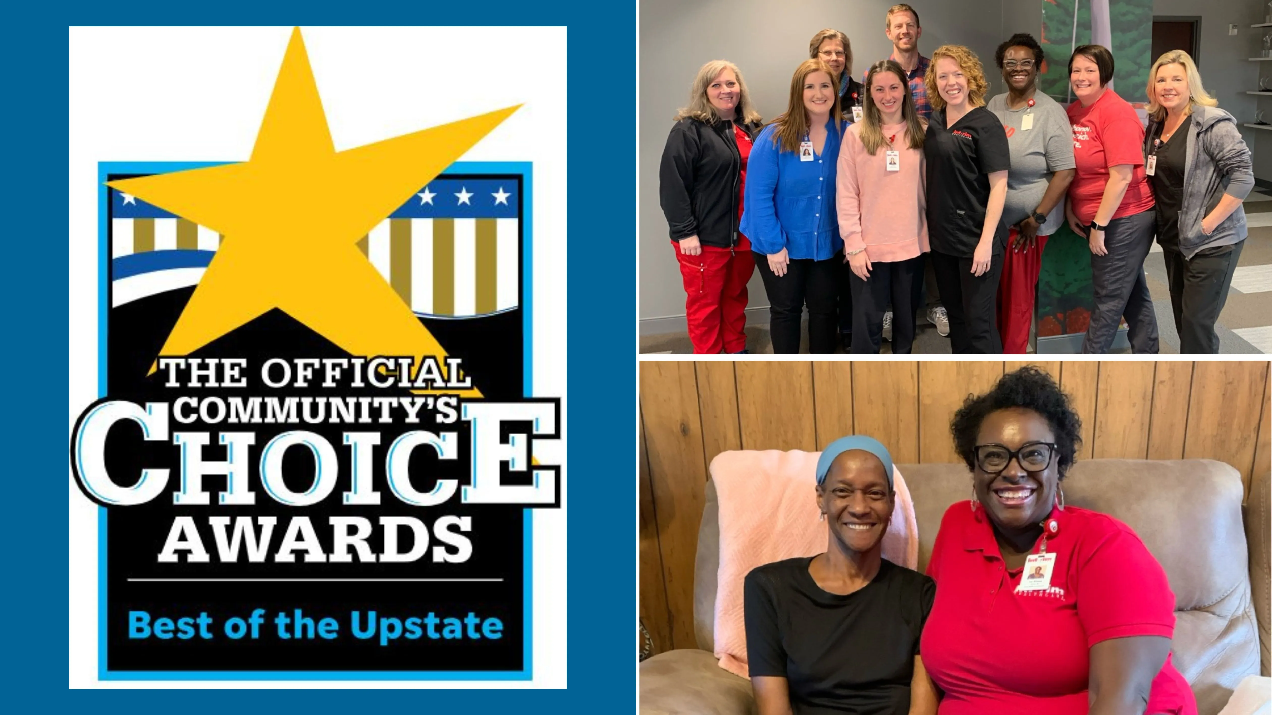 Best of the Upstate graphic along with a photo of Interim's Home Health Field Advisory Committee and an Interim nurse smiling with a patient.