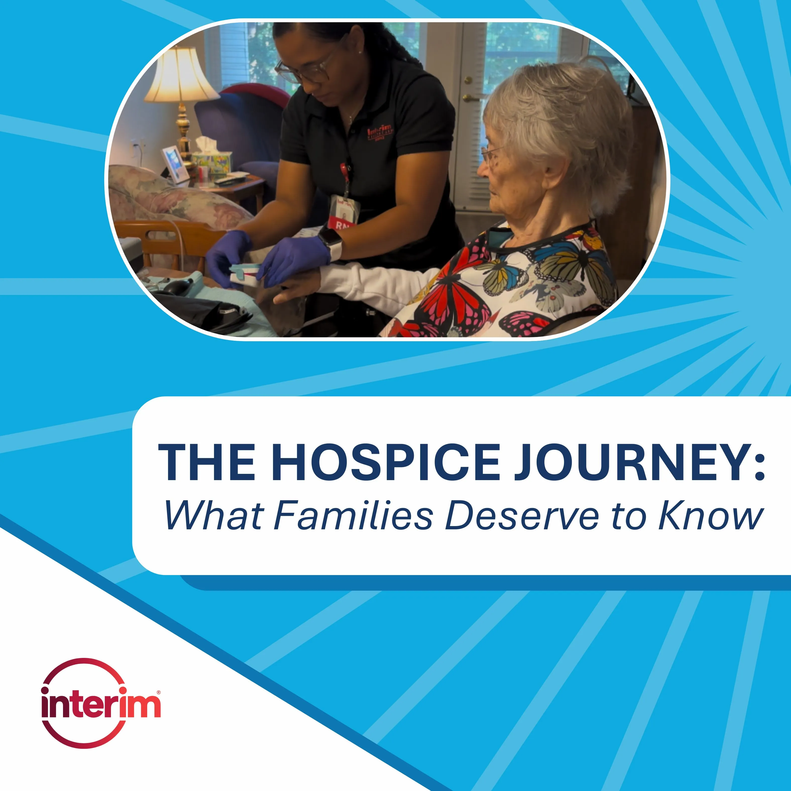 A graphic featuring the title "The Hospice Journey: What Families Deserve to Know" along with a photo of a hospice nurse assisting a hospice female patient.