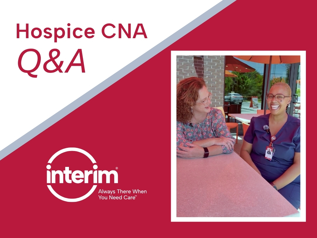 Red graphic with still photo of two women in an interview about being a hospice CNA.