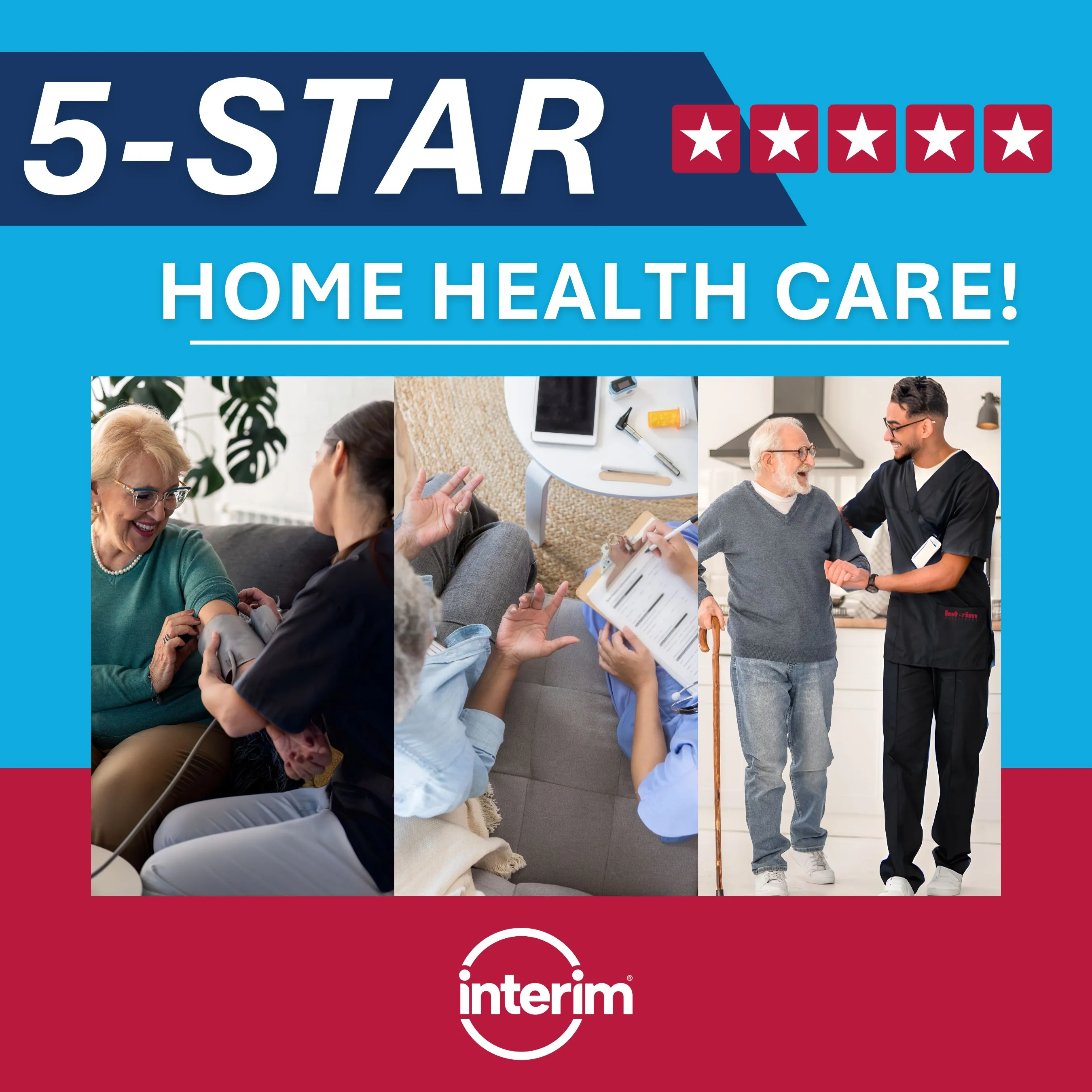 Graphic with three photos: a home health care nurse taking a patient's blood pressure, a patient and nurse sitting as the nurse takes notes, and home health physical therapist helping a patient walk