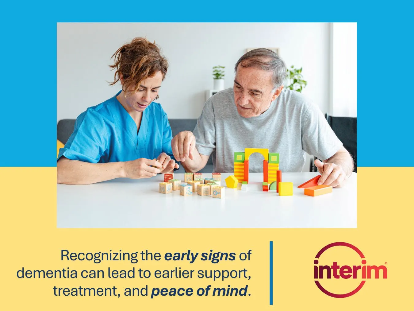 Image featuring a nurse working with dementia patient on building blocks.
