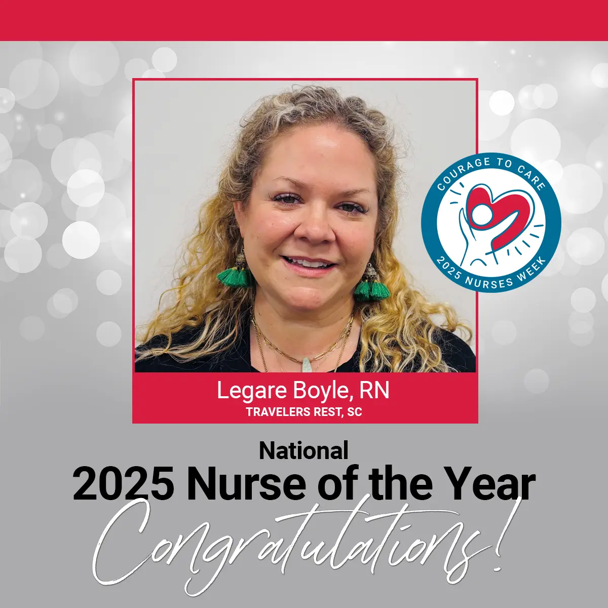 Interim RN Legare Boyle smiling with "2025 Nurse of the Year" announcement