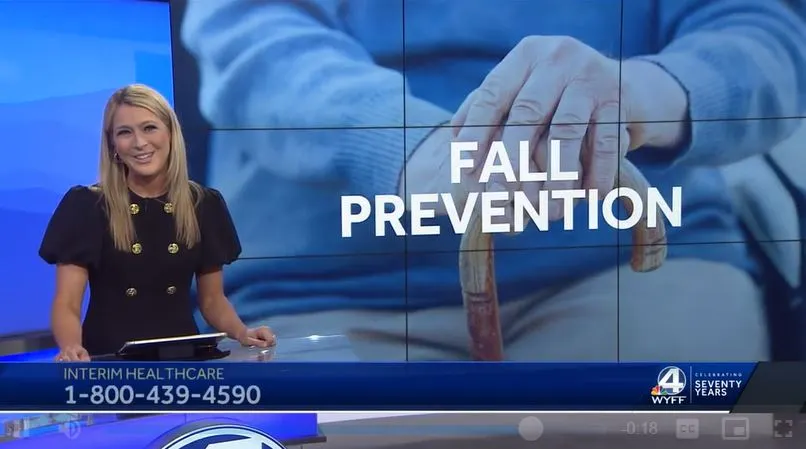 TV news anchor Sydney Shadrix speaking on WYFF News 4 about Fall Prevention with Interim HealthCare