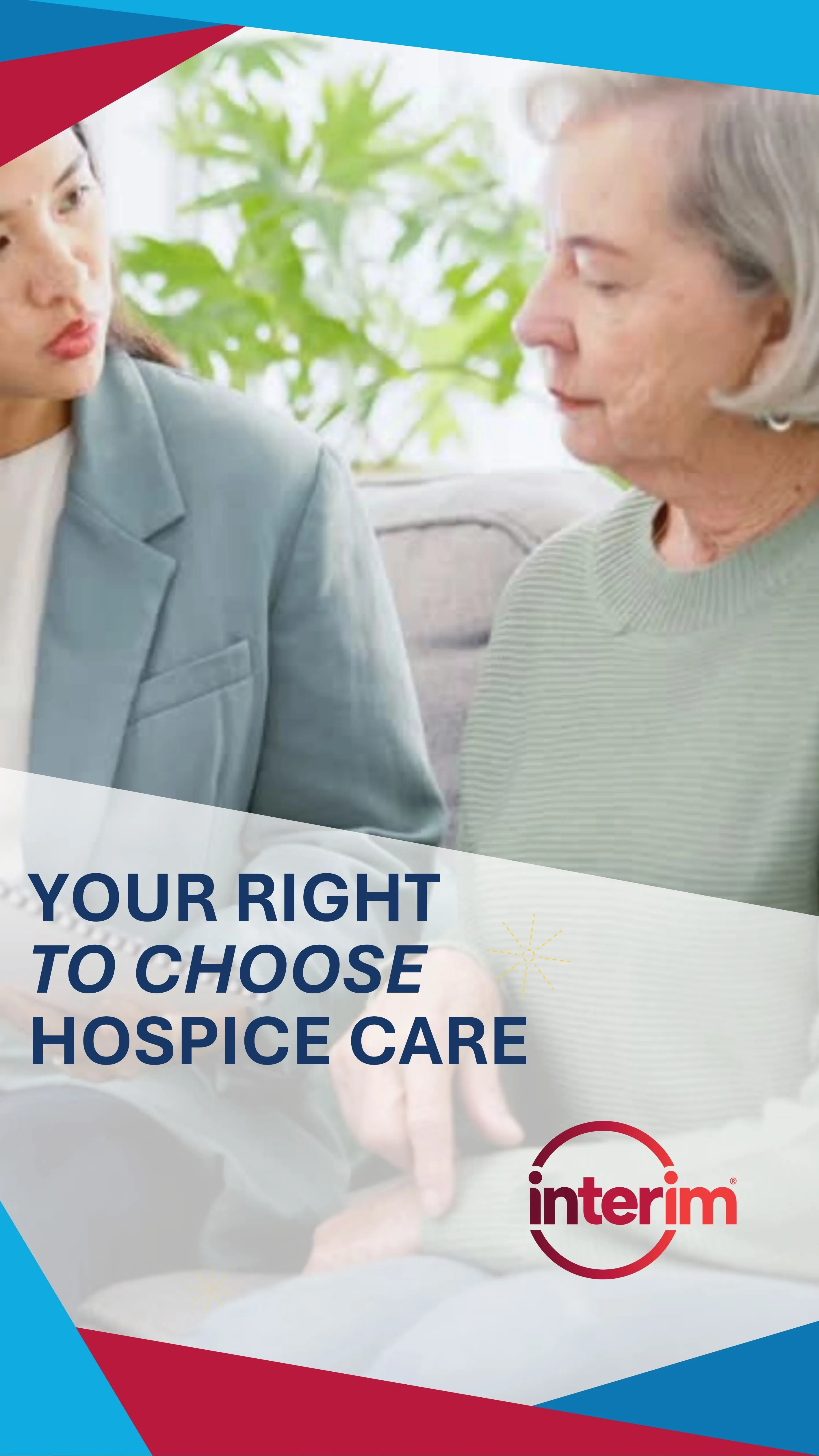 Photo graphic featuring older woman chatting with hospice professional.
