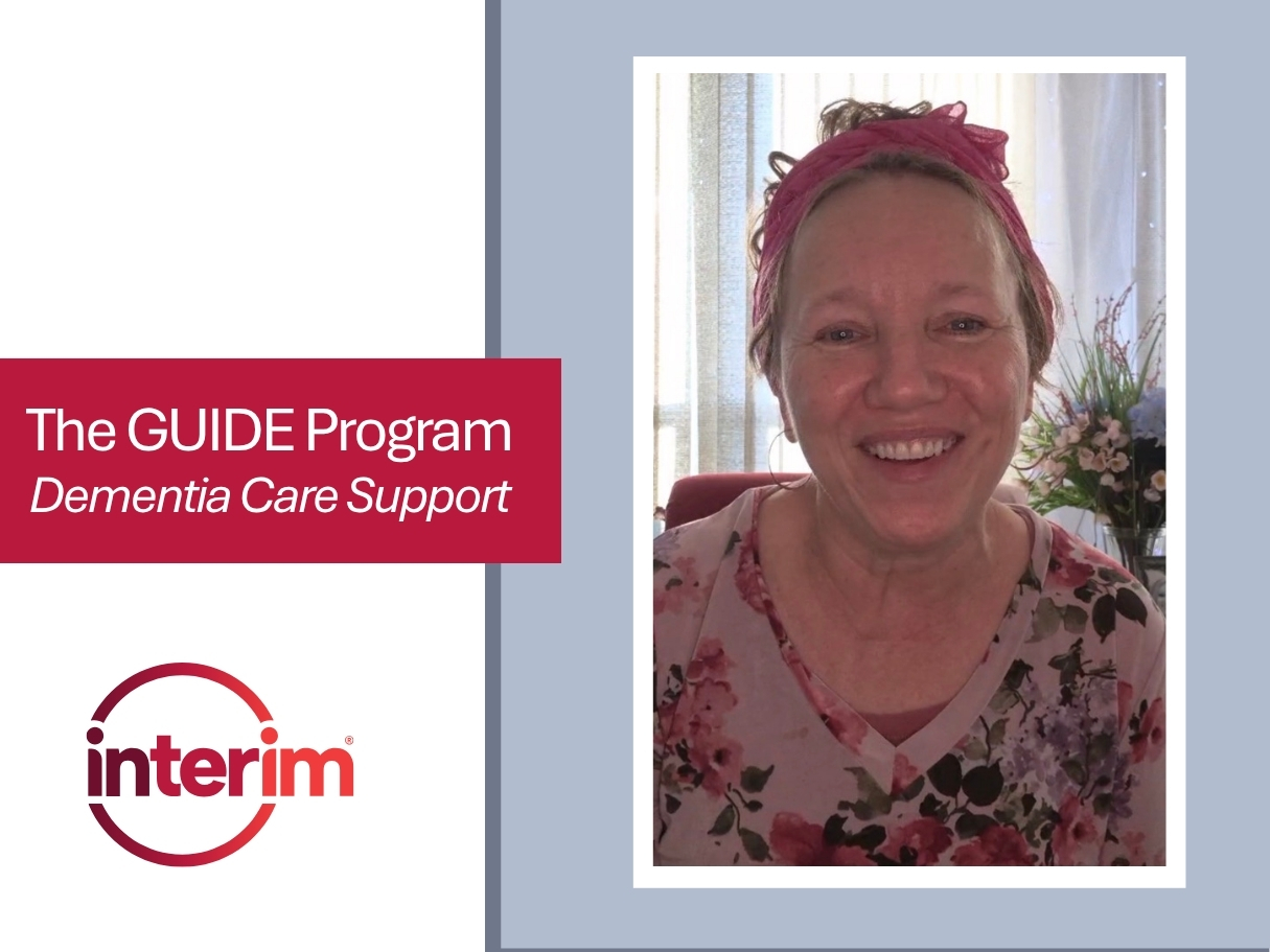 White, red, and grey graphic featuring the title, "The Guide Program: Dementia Care Support" along with a photo of personal care Lead Caregiver Keila.