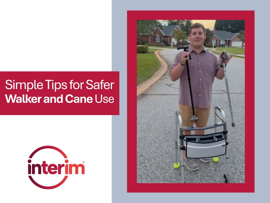 Red, white, and grey graphic with the title, "Simple Tips for Safer Walker and Cane Use", along with a photo of PTA Zach standing beside a walker holding two canes.