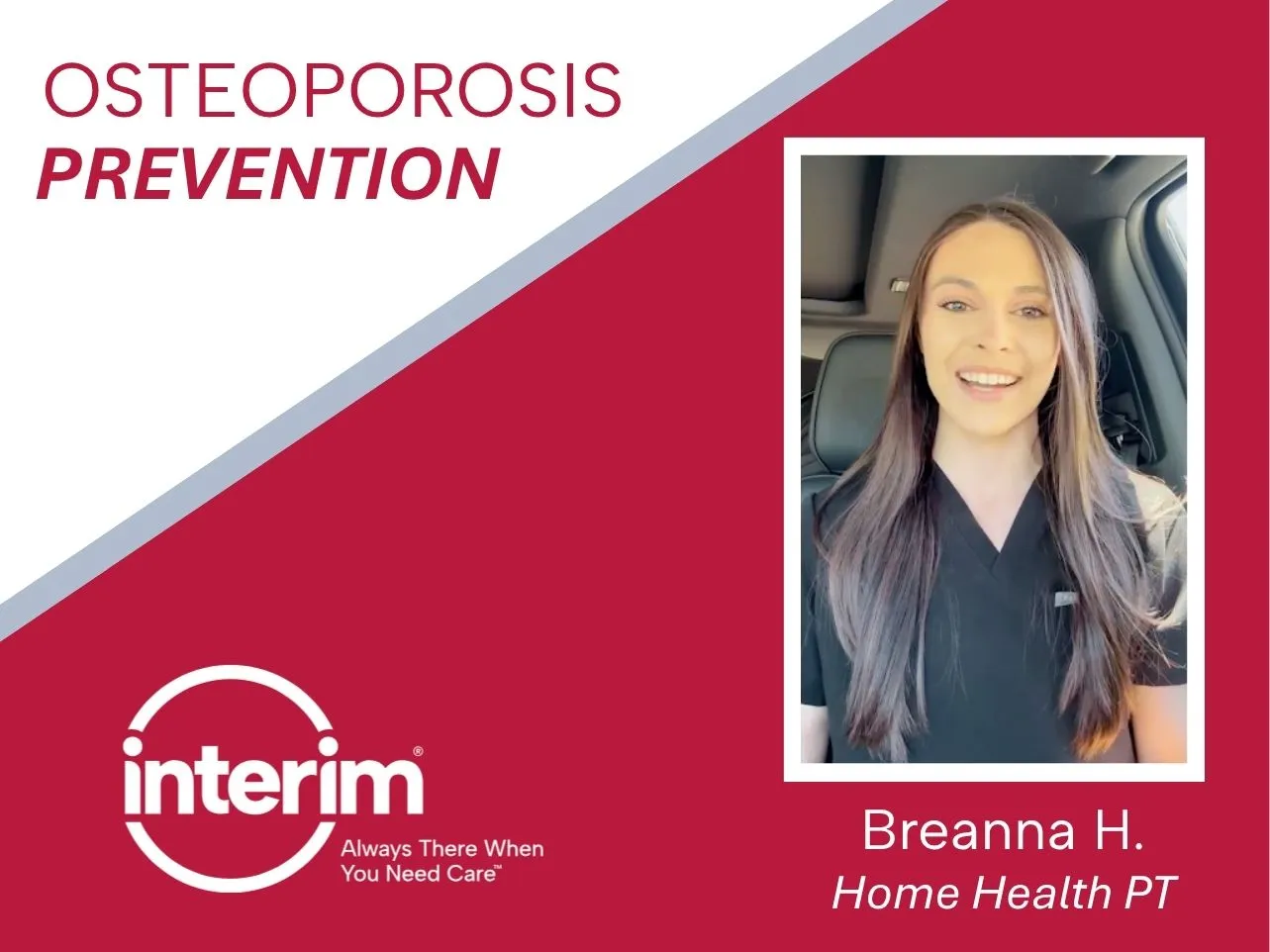Red and white graphic featuring the title, "Osteoporosis Prevention" with a photo of a female physical therapist.