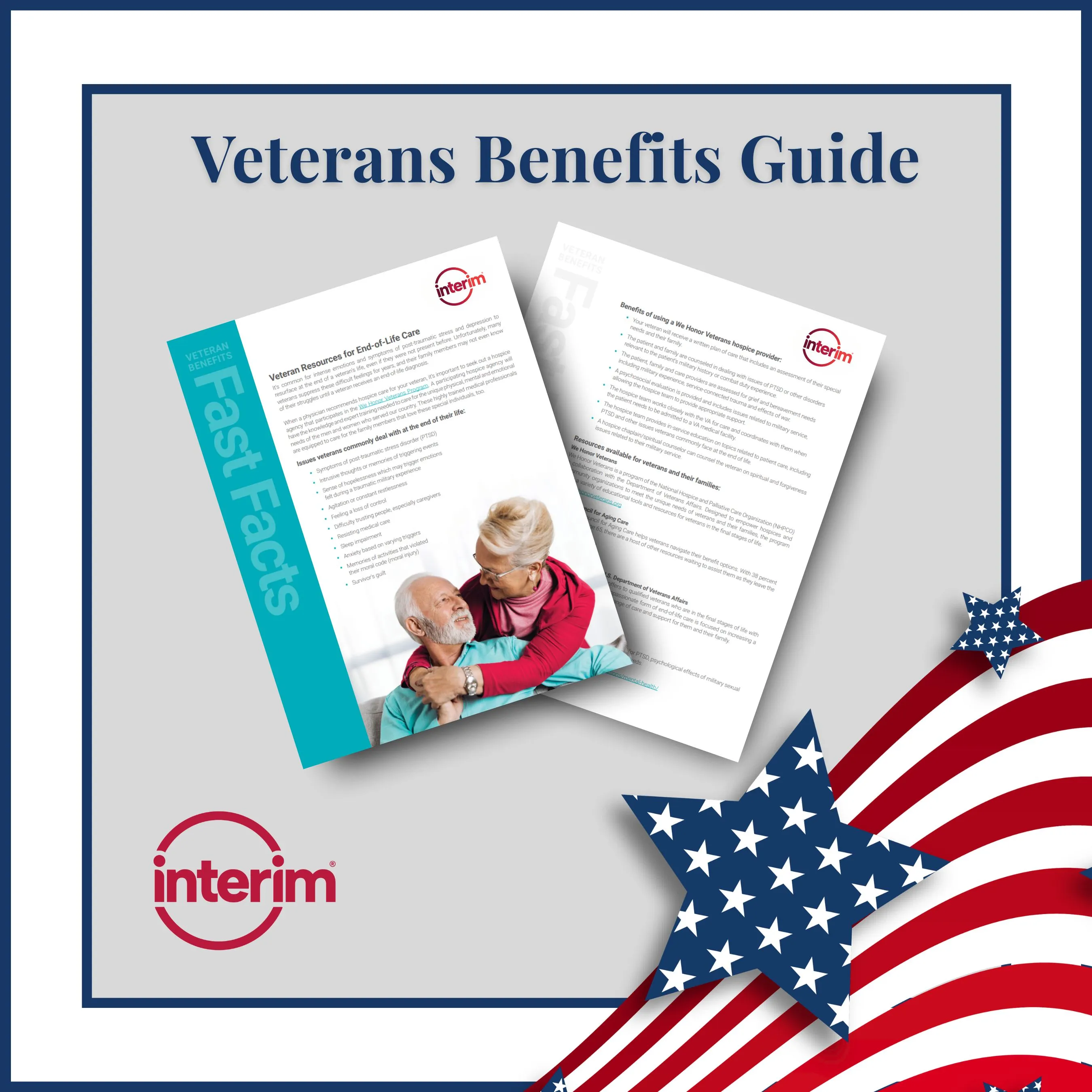 Graphic featuring a patriotic star and stripes along with an image of the free Veterans Benefits Guide.