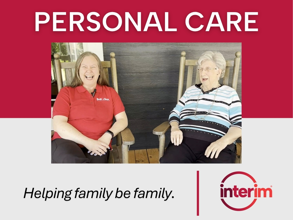Red and white graphic featuring the title "Personal Care: Helping Family Be Family" along with a photo of a female personal care aide and a female client sitting on a porch in rocking chairs smiling.