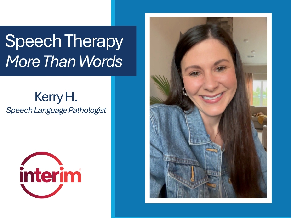 White and blue graphic featuring the title "Speech Therapy: More Than Words" along with a photo of a female speech therapist smiling.