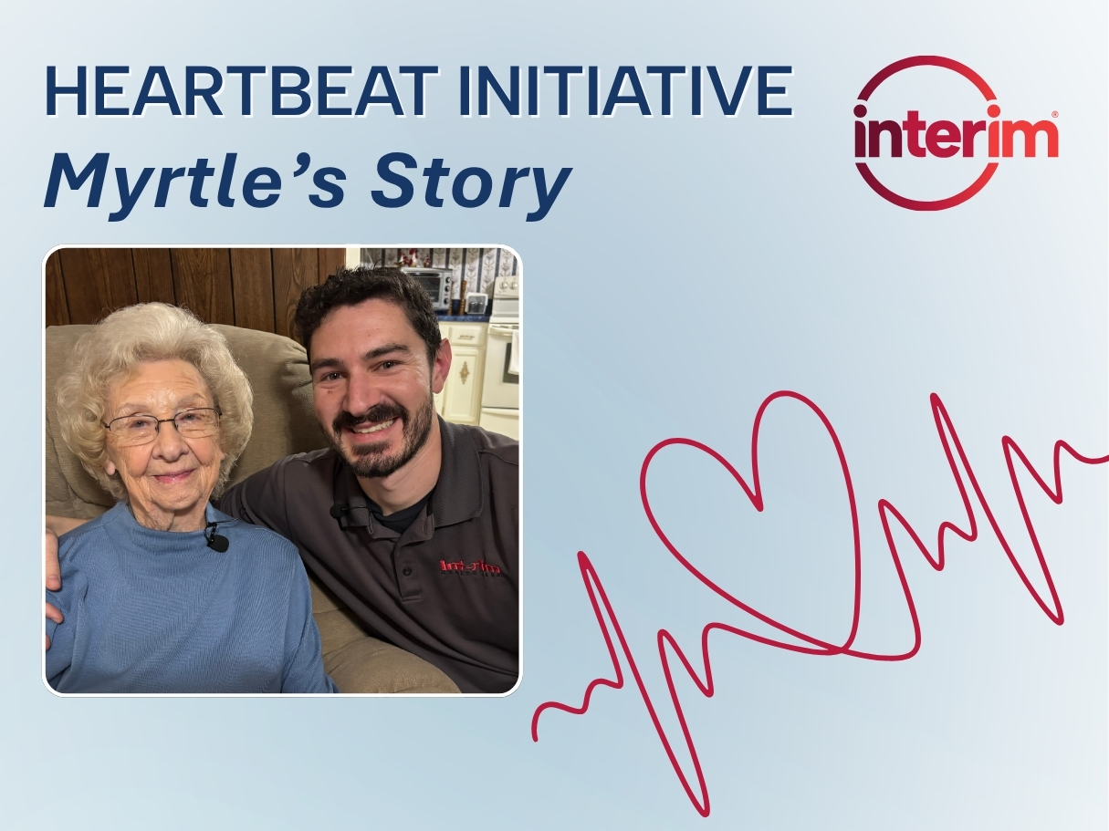 Blue graphic featuring the title "Heartbeat Initiative: Myrtle's Story", along with a photo of Myrtle and her physical therapist Dylan.