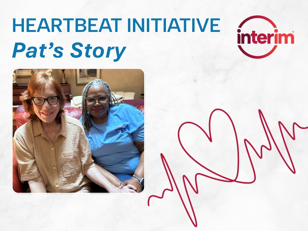 Graphic featuring the title, "Heartbeat Initiative: Pat's Story" and the photo of a female personal care client and a female personal care aide both smiling and sitting next to each other.