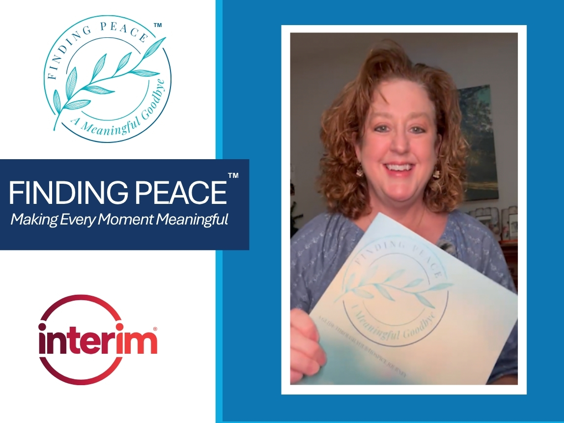Blue, navy, and white graphic with the title Finding Peace: Making Every Moment Meaningful. Features a female employee holding a Finding Peace workbook.
